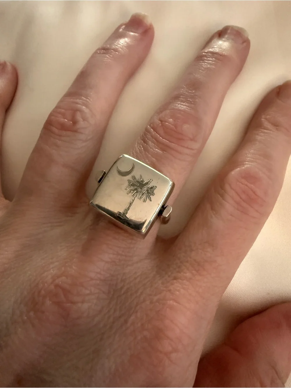 Sterling Silver Palmetto Tree & Crescent Moon Square Ring - Silver